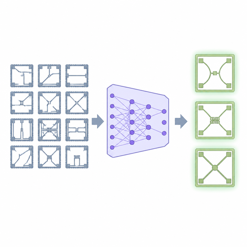 Figure 1. L’IA transforme rapidement de nombreux agencements de résonateurs microscopiques en quelques conceptions optimisées présentant un meilleur comportement vibratoire.