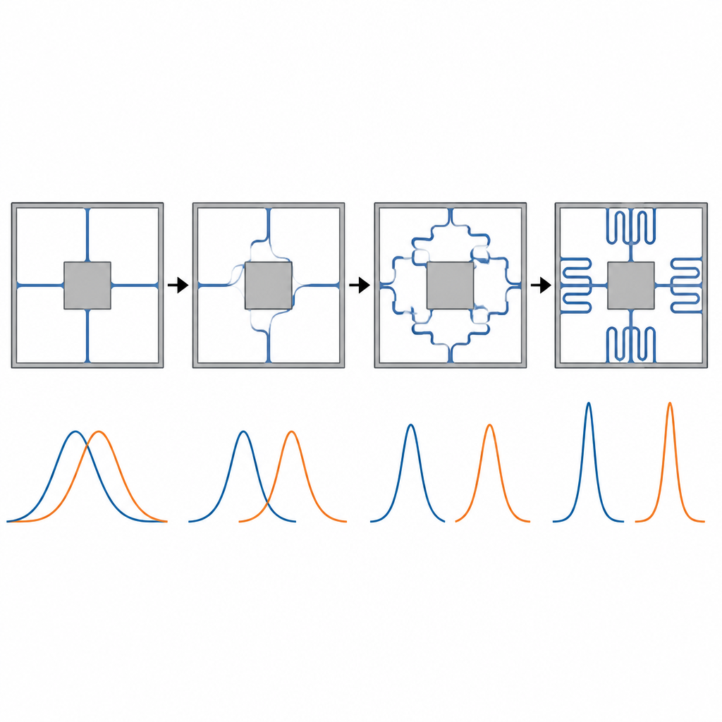 Figure 2. Remodelage progressif des poutres d’un microrésonateur pour séparer deux pics de vibration et régler leurs fréquences.