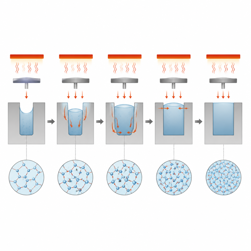 Figure 2. Geleidelijke vulling van een smalle sleuf terwijl zachtgemaakt glas onder warmte en druk vloeit om een nauwkeurig kanaal te vormen.