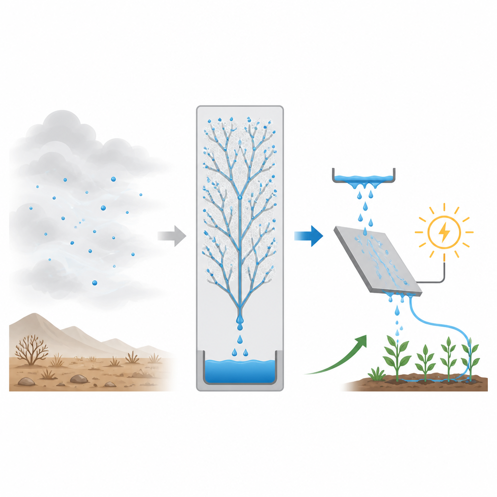 Figure 1. Nevel uit de lucht wordt opgevangen, opgeslagen als schoon water en gebruikt om lampen van stroom te voorzien en gewassen te irrigeren in droge gebieden.