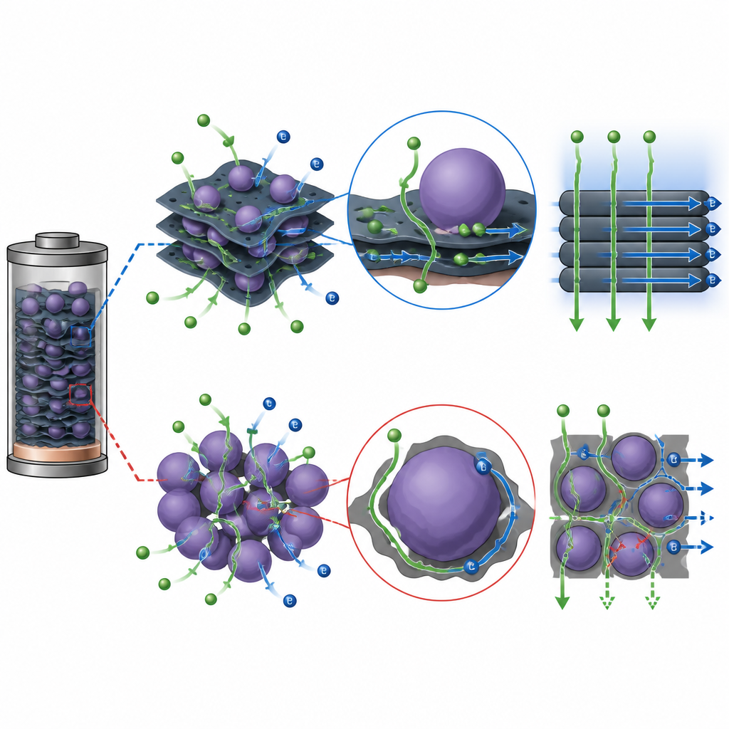 Figure 2. Uitvergroting van lithiumionen die snel bewegen door gelaagde vellen met aangehechte nanodeeltjes binnenin een microbatterij-anode.