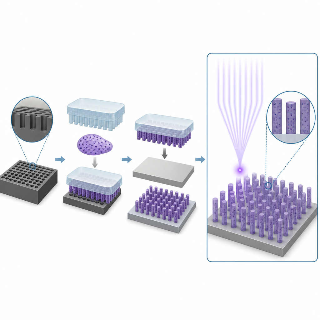 Figure 2. Stempelähnliches Verfahren bildet hohe Nanopfeiler, die ultraviolettes Licht auf einer flachen Linse zu einem engen Fokus lenken.