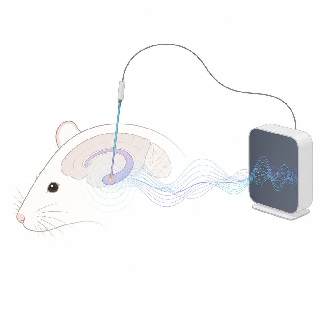 Figure 1. Een klein geïmplanteerd sonde luistert naar hersenmagnetische fluisteringen en stuurt ze naar een extern apparaat voor brain-computer interfaces.