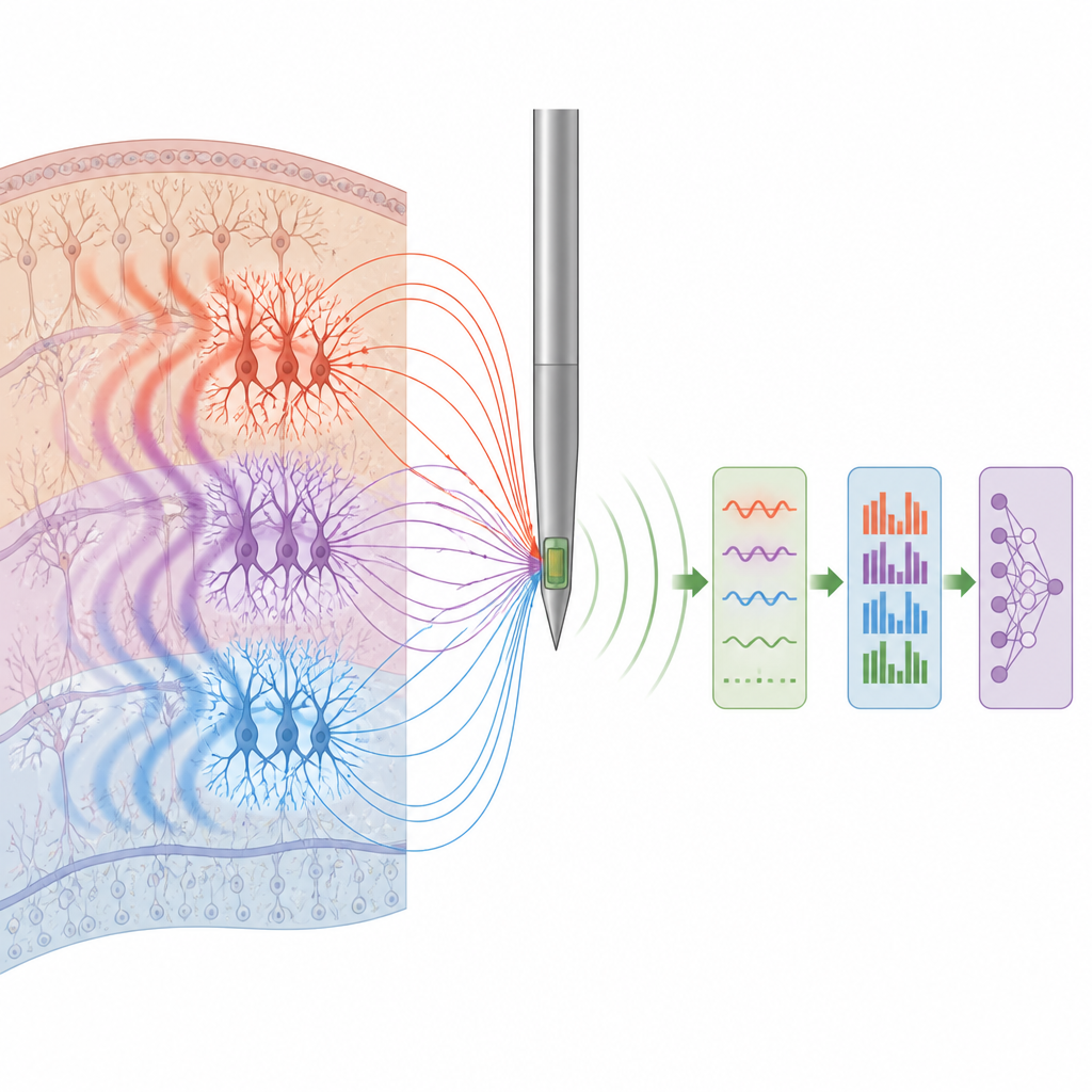 Figure 2. Ingezoomd beeld van neuronen die golven creëren die buigen naar een nabijgelegen magnetische sensor en uitstromen als verwerkte signalen.