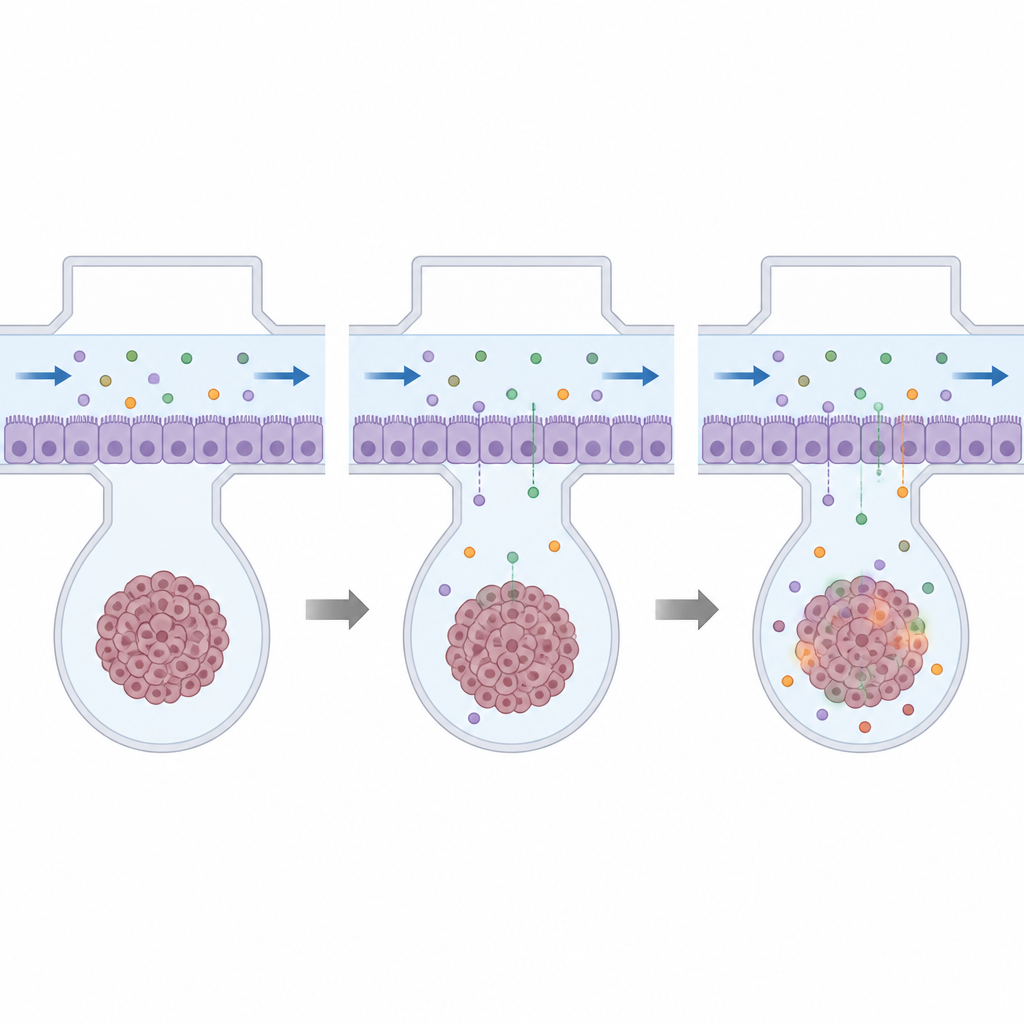 Figure 2. Hoe geneesmiddelen door een in het laboratorium gemaakte hersenbarrière bewegen naar een nabijgelegen tumorsferoïde op een microfluïdische chip