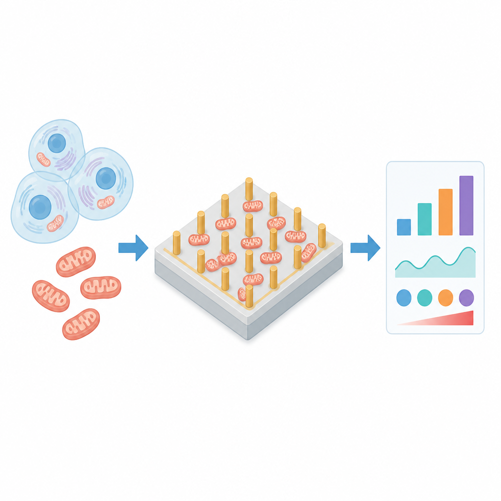 Figure 1. Chip con minuscoli pilastri che legge il comportamento elettrico delle centrali energetiche cellulari per mostrare come i mitocondri sani gestiscono l’energia.