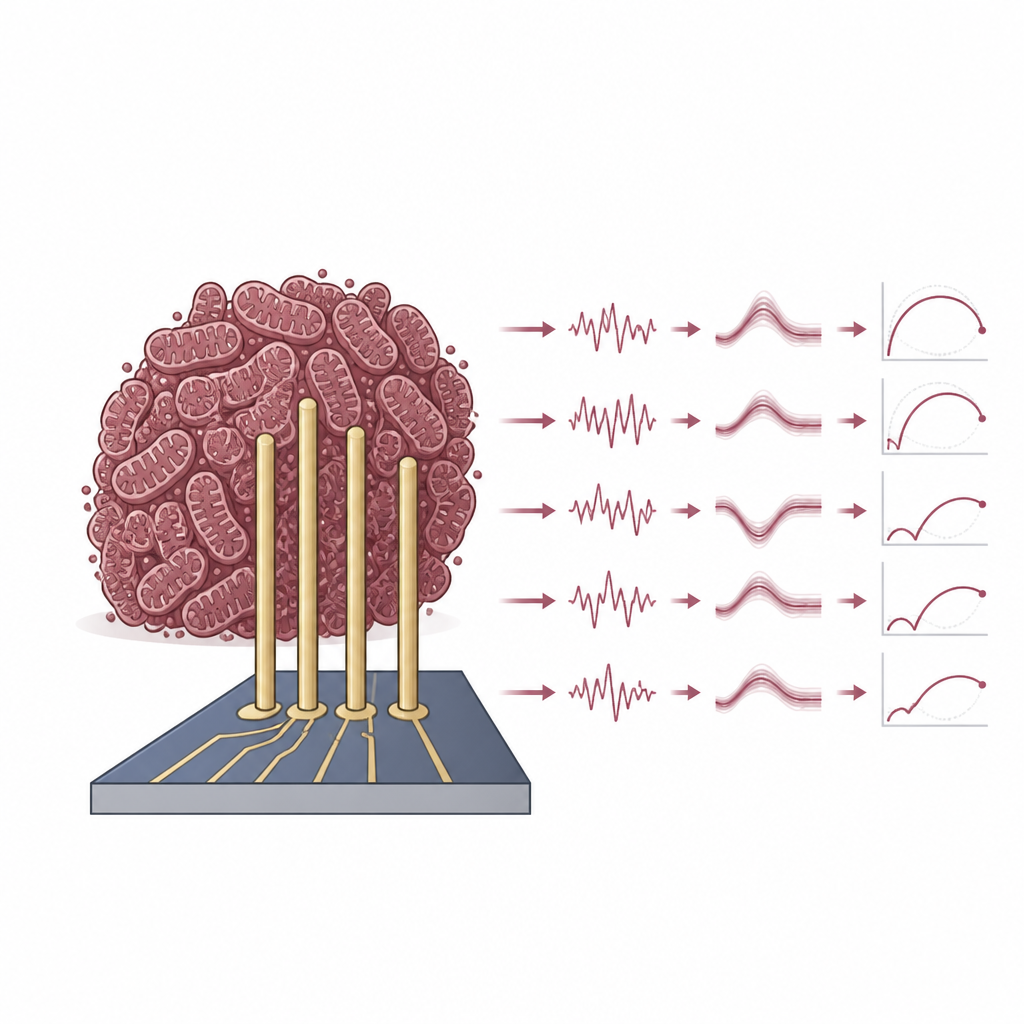 Figure 2. Pellet mitocondriale avvolto attorno a elettrodi alti che genera onde elettriche variabili al variare dei livelli di combustibile.
