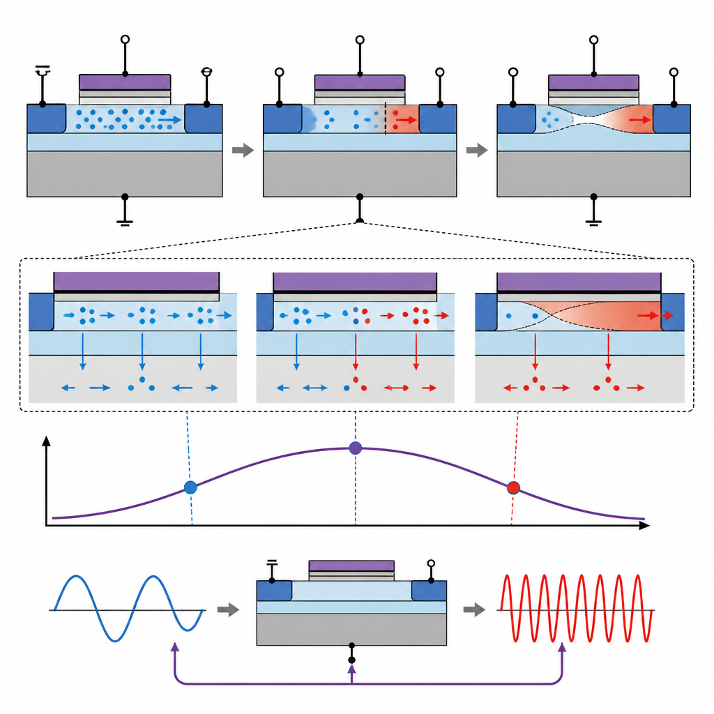 Figure 2. تكبير لترانزستور سيليكون على عازل حيث تؤدي تغييرات الجهود إلى ارتفاع التيار ثم انخفاضه، مما يمكّن من مضاعفة التردد.