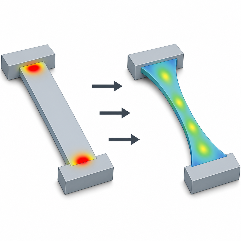 Figure 2. Come la variazione della larghezza di una piccola trave distribuisce lo sforzo e permette ai micro-specchi di sopportare molte più cicli di flessione