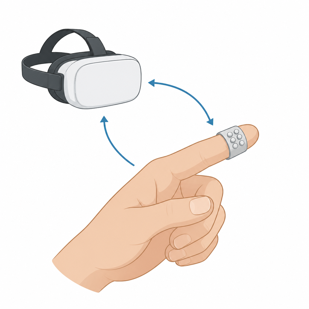 Figure 1. Una banda delgada para la yema del dedo que te permite sentir pequeñas protuberancias y texturas en sincronía con escenas de realidad virtual.
