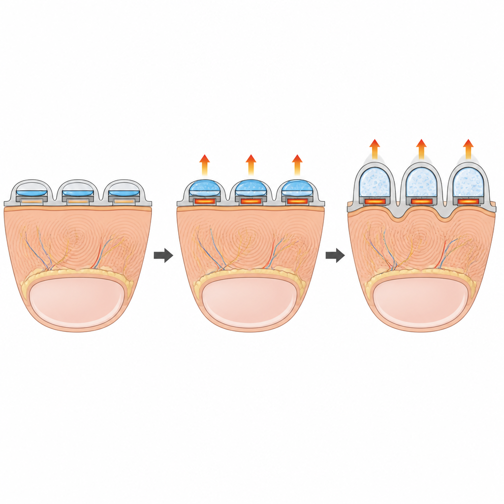 Figure 2. Pequeñas cámaras llenas de líquido bajo una película blanda se calientan, se expanden y levantan protuberancias que presionan la yema del dedo para crear sensaciones táctiles.