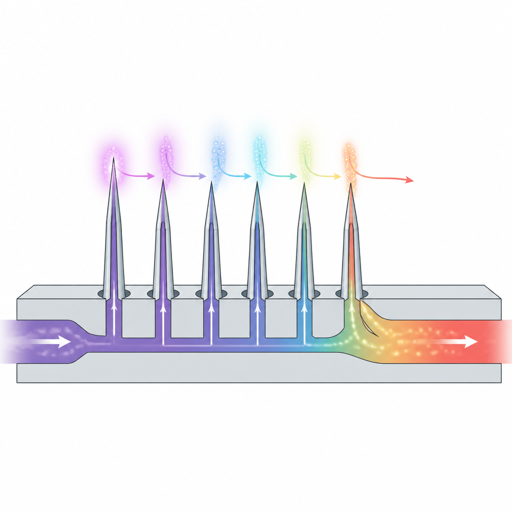 Figure 2. Gaz, küçük plazma parlaklığının molekülleri şarj ettiği ve ardından iyon akımları olarak çıktıkları keskin boş iğnelerden akar.