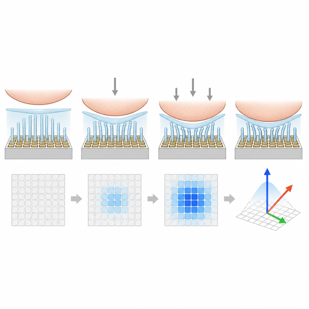 Figure 2. Come piccolissimi pilastri morbidi che premono su una griglia sensibile rivelano la direzione e l'intensità del contatto per un polpastrello robotico.