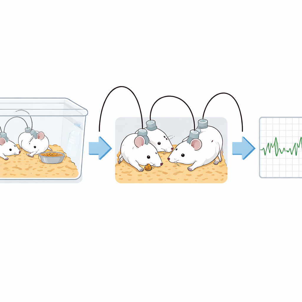 Figure 1. Beschermde hoofddeksels laten muizen samenleven terwijl hun hersenactiviteit wekenlang wordt opgenomen zonder beschadigde kabels.