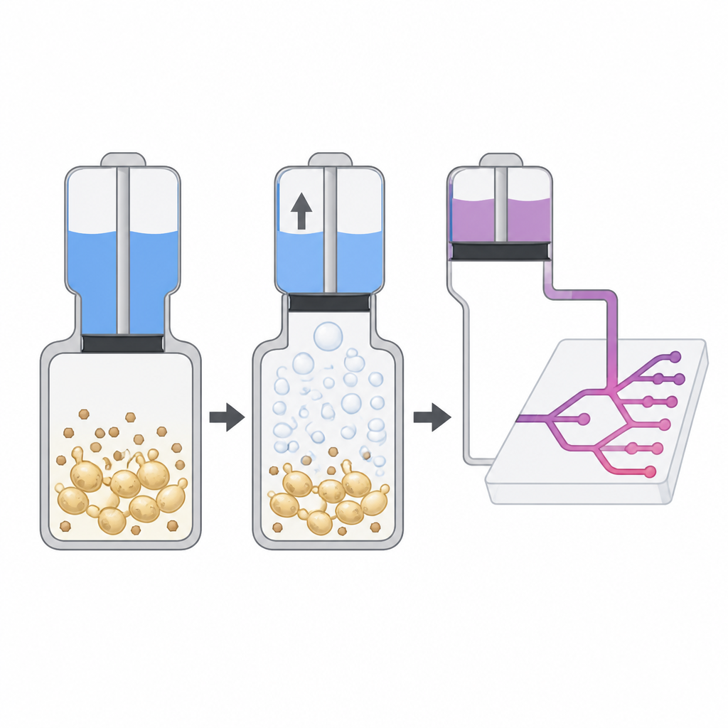 Figure 1. Yeast turning sugar into gas that gently pushes liquid through tiny lab channels without external power