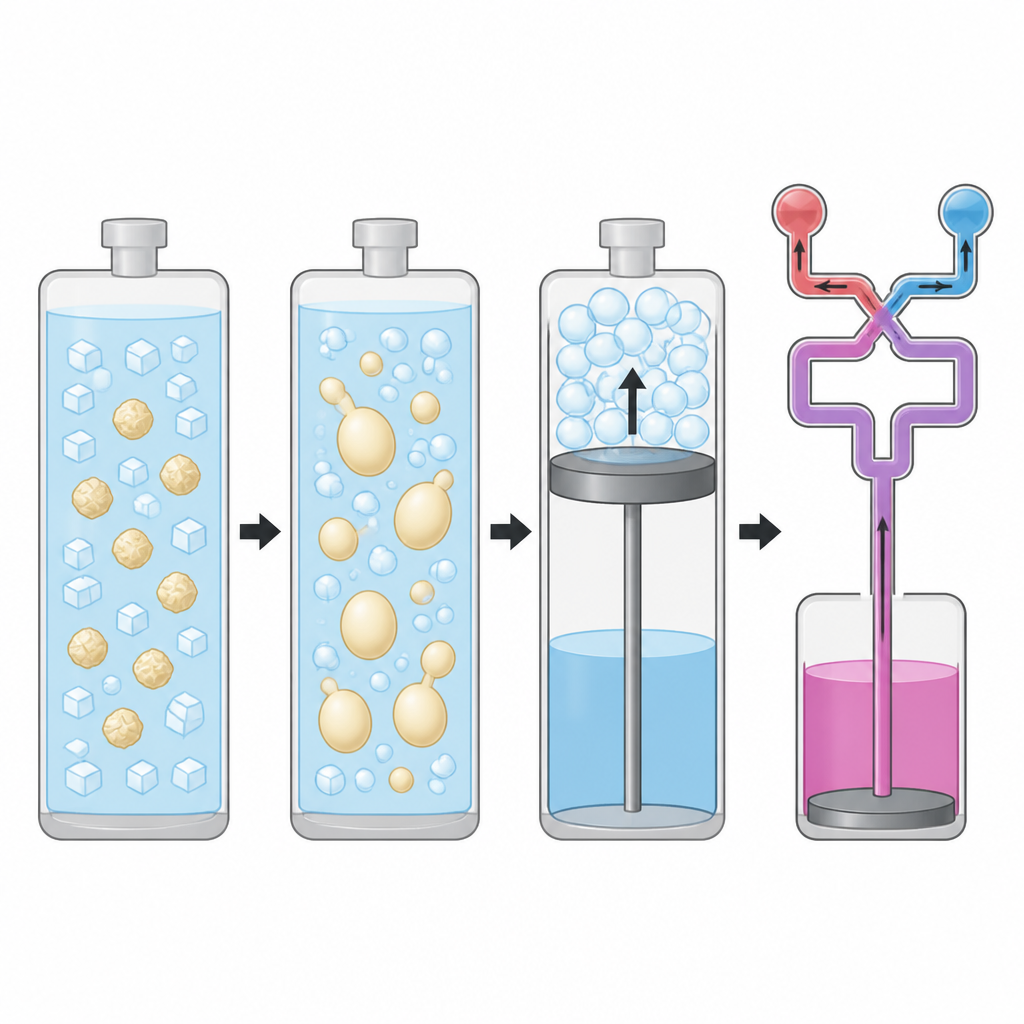 Figure 2. Step-by-step view of yeast making bubbles that move a piston and drive fluid through narrow branching channels