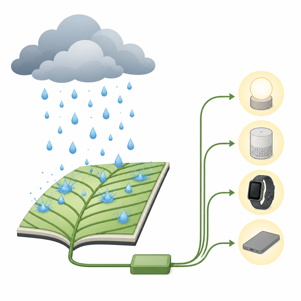 Figure 1. Regen die op bladvormige panelen valt, drijft kleine generatoren aan die nabijgelegen elektronische apparaten van stroom voorzien.
