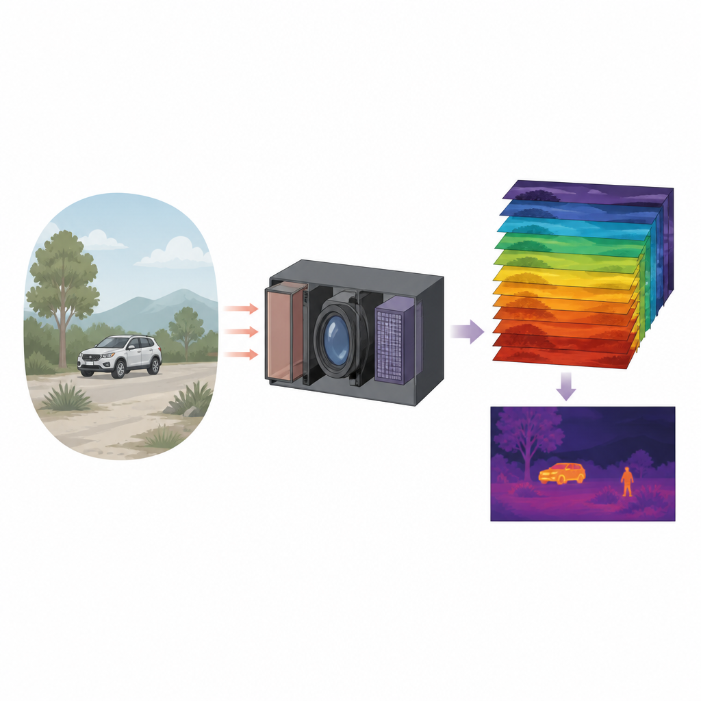 Figure 1. Wie eine kleine Wärmebildkamera unsichtbare Infrarotfarben in nützliche Bilder verwandelt, um Materialien und Ziele zu erkennen.
