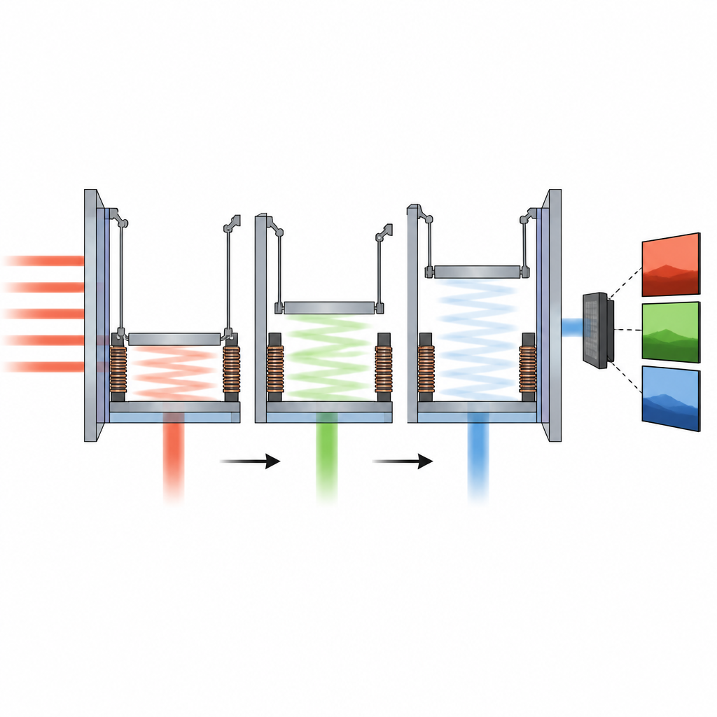Figure 2. Wie ein winziger beweglicher Spiegel als Filter die Wärmefarben schrittweise durchläuft, sodass die Kamera einen Bildstapel erstellt, der verborgene Ziele sichtbar macht.