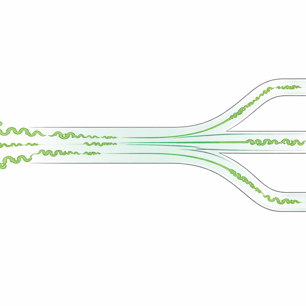 Figure 1. Gemengde spiraalmicroben komen een smal kanaal binnen en scheiden zich van nature in verschillende uitgangen op basis van filamentlengte.