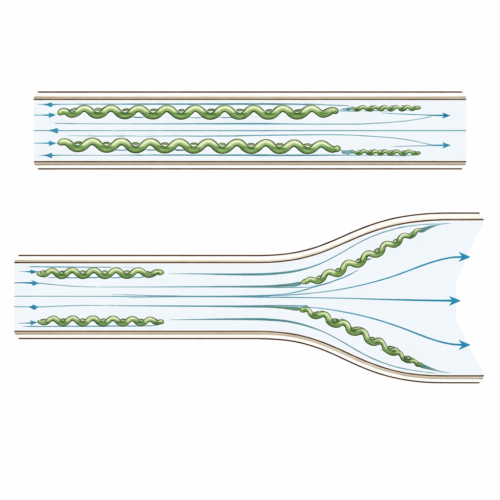 Figure 2. Binnen een smal kanaal positioneren lange en korte spiraalfilamenten zich verschillend en buigen ze vervolgens in verschillende trajecten stroomafwaarts.