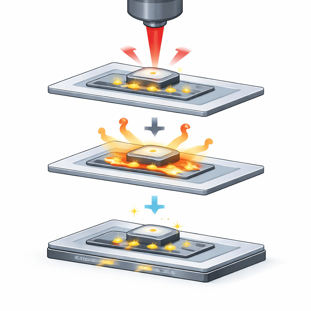 Figure 2. Hoe een laser en speciale lijm sterke soldeerverbindingen vormen tussen een enkele micro-LED en het displaypaneel