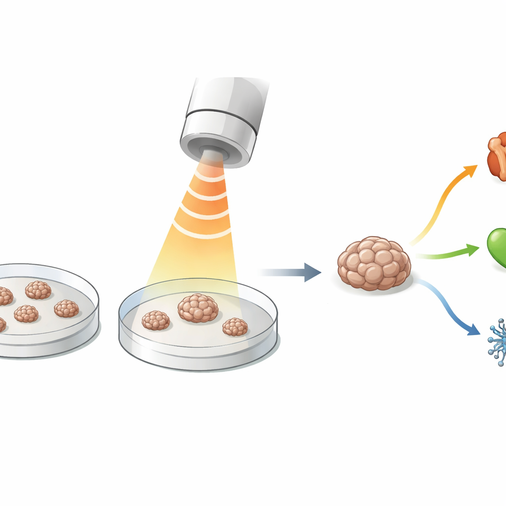 Figure 1. Echografie onderzoekt zachtjes clusters van stamcellen om hun zachtheid te meten zonder ze te vernietigen.