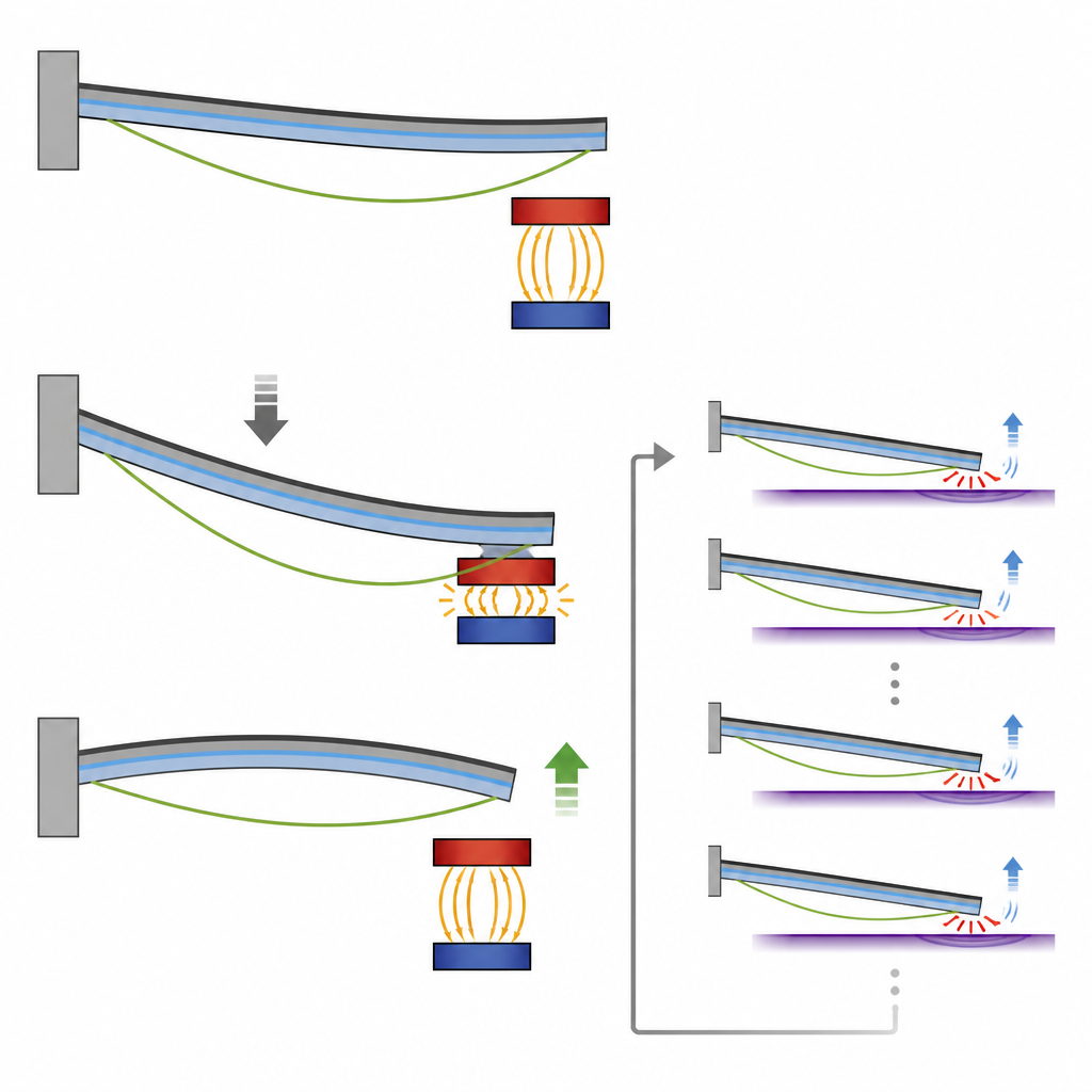 Figure 2. Magnetische vergrendeling laat een gebogen balk los in snelle contact- en scheidingscycli die stabiele sensorsignalen opleveren.