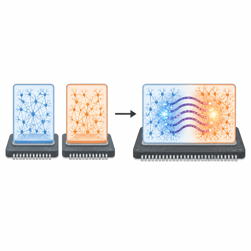 Figure 1. Due piccole reti simili al cervello su chip diventano più sincronizzate quando un ponte elettrico le collega tra loro.