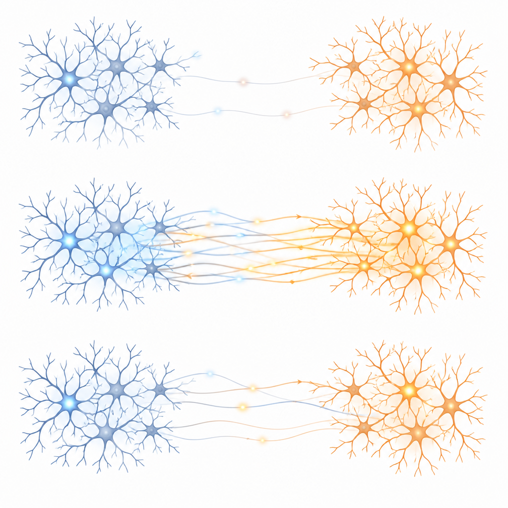 Figure 2. Visione graduale di due cluster neuronali che acquisiscono e poi in parte mantengono scariche sincronizzate dopo la rimozione di un collegamento elettrico.