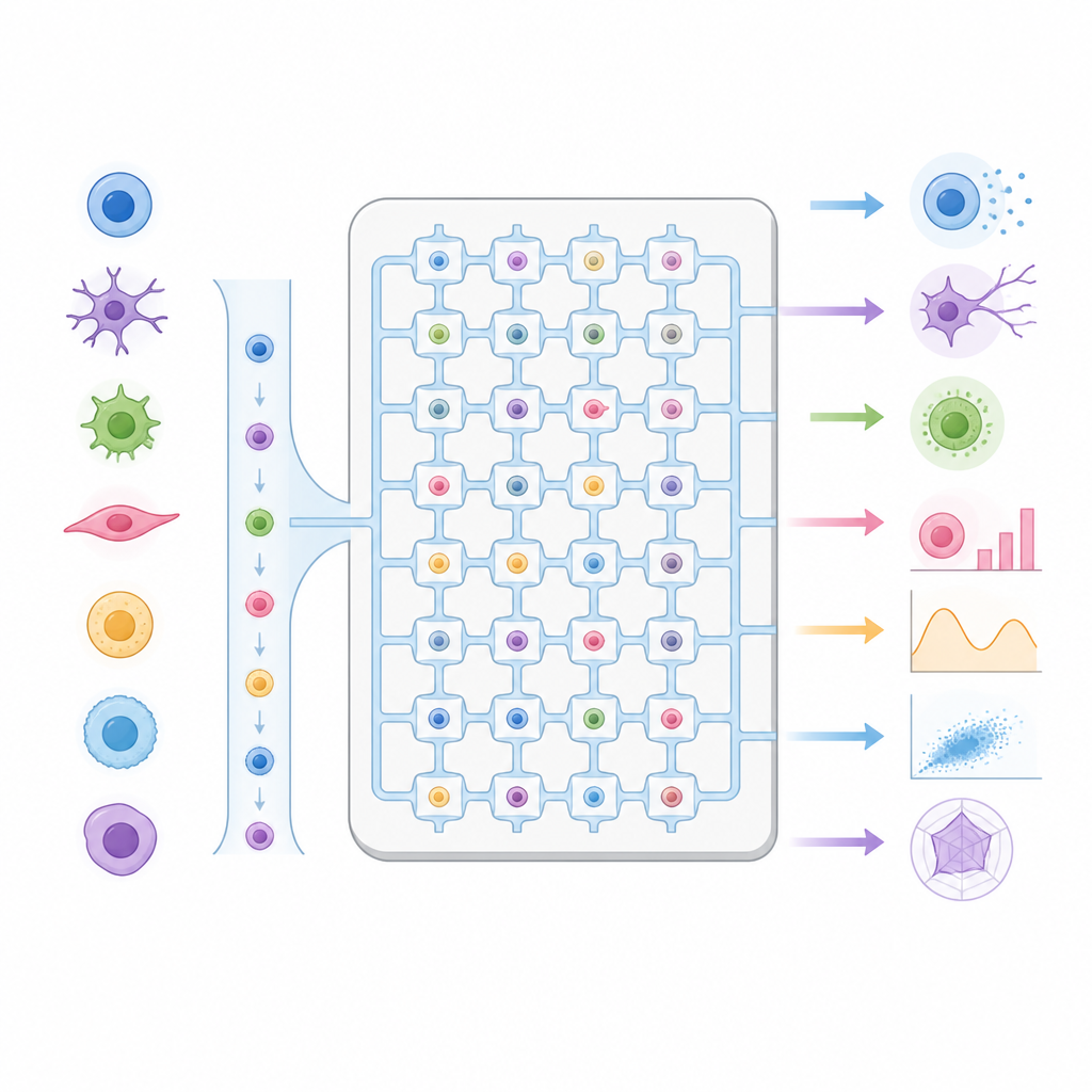 Figure 1. How a tiny chip can watch thousands of single cells behave and interact at once