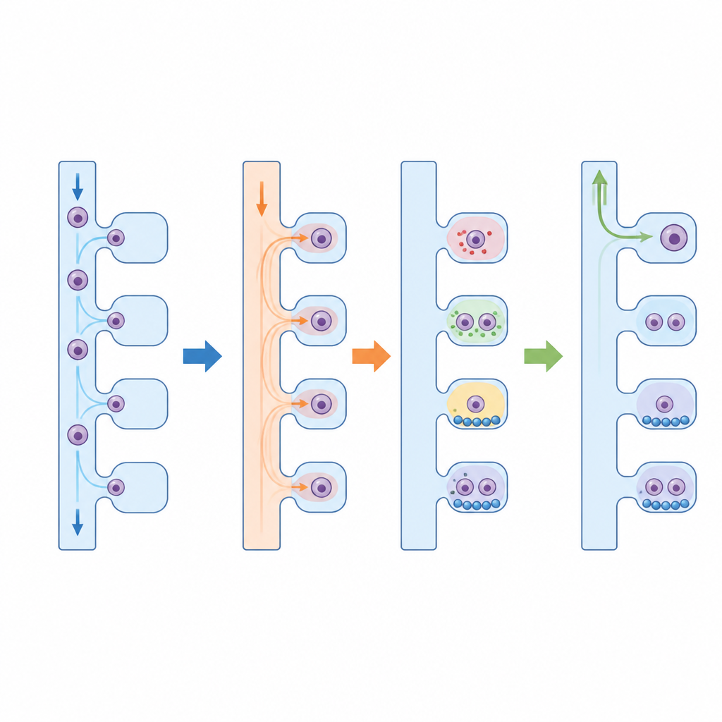 Figure 2. Step-by-step journey of single cells through a microfluidic chamber that tests function and allows gentle retrieval