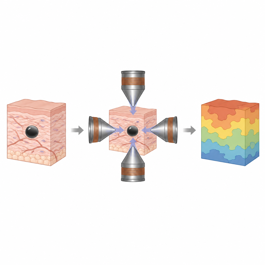 Figure 1. Een kleine magnetische druppel reist door zacht weefsel terwijl magneten buiten het lichaam meten hoe zacht het weefsel is.