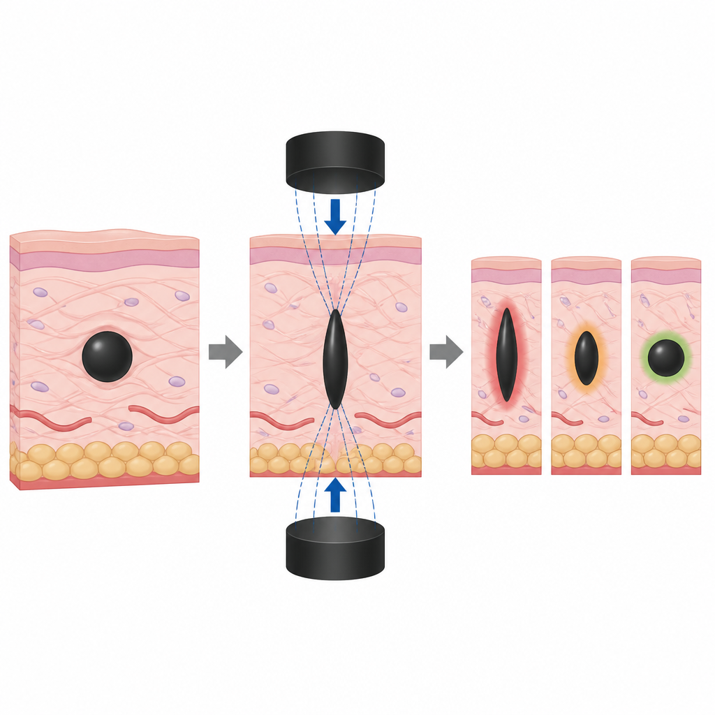 Figure 2. Magneten rekken een zacht magnetisch druppel binnen weefsel uit en de veranderende vorm onthult hoe stijf of zacht het weefsel is.