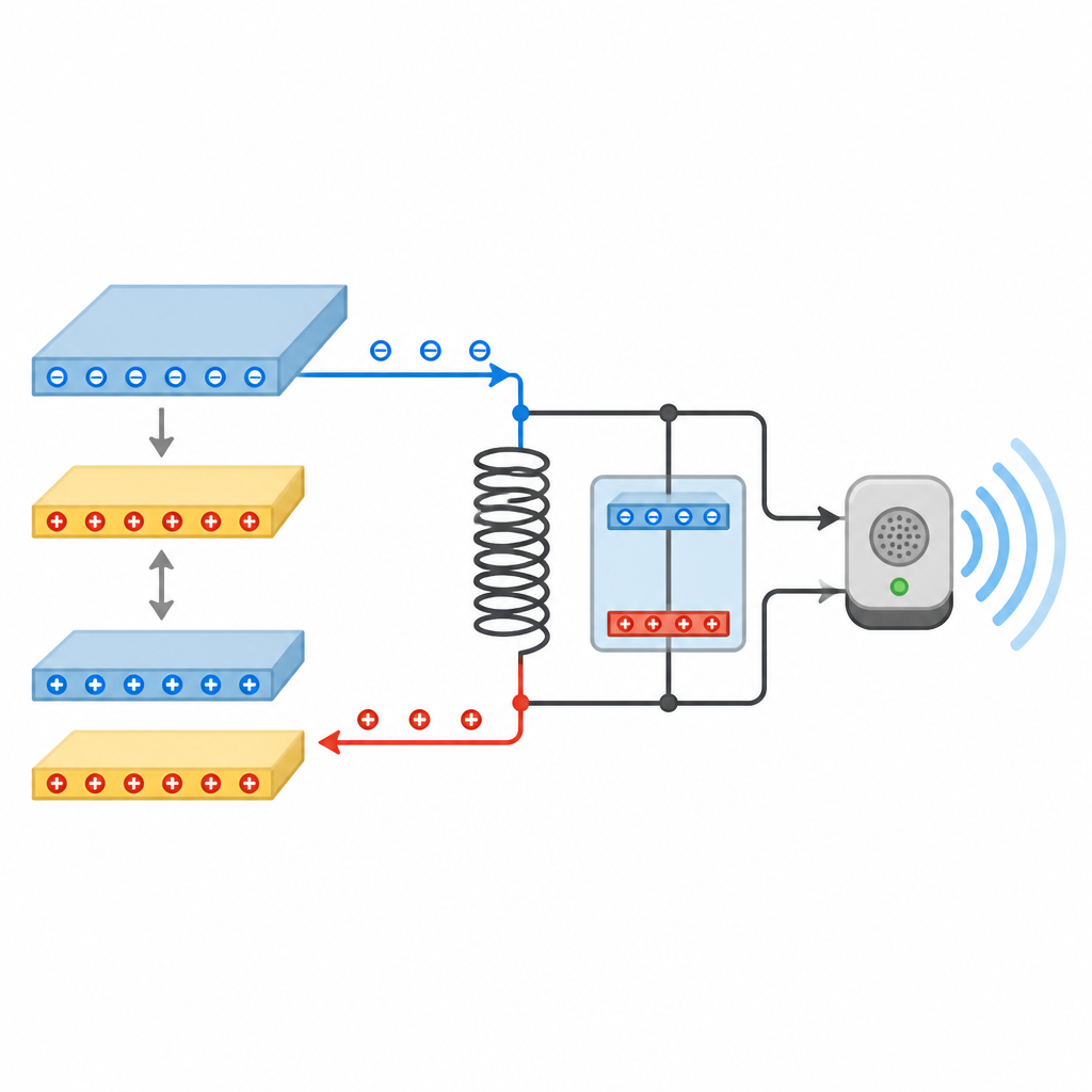 Figure 2. Hoe lading van bewegende lagen wordt opgevangen en opgeslagen om een energiezuinige gassensor en radio te laten werken.