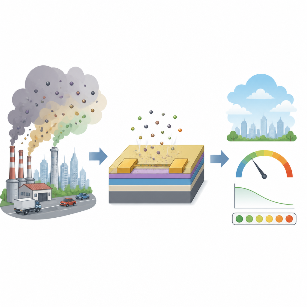 Figure 1. How a layered thin-film transistor senses trace gases in air and turns them into a readable electronic signal.