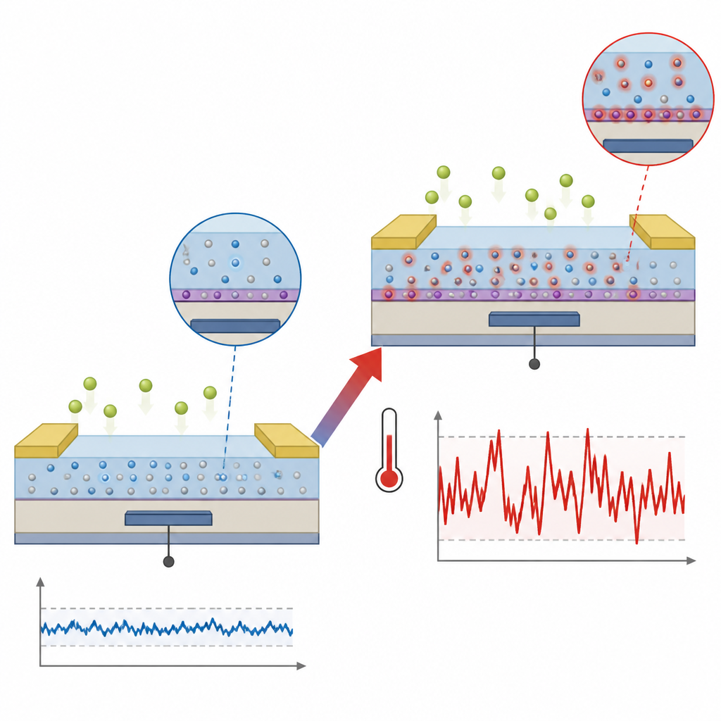 Figure 2. How heating the gas sensor activates hidden traps in the film, increasing electronic noise and changing detection limits.