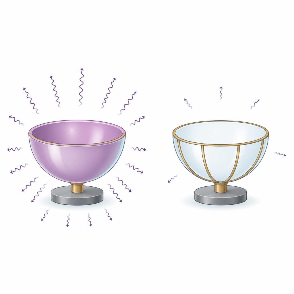 Figure 1. Tam kaplanmış bir mikro jiroskop kabuğunu, gizli enerji kaybı daha az olan ve daha temiz titreşen hafifçe desenlenmiş bir kabukla karşılaştırma.