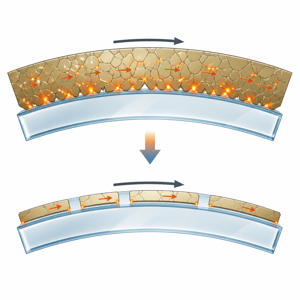 Figure 2. Cam kabuk üzerindeki daha küçük desenli metal alanların titreşim sırasında yüzeylerdeki mikroskobik sürtünme ve ısıyı nasıl azalttığını yakın plandan inceleme.