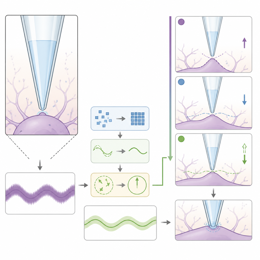 Figure 2. Come le variazioni di resistenza alla punta di una pipetta rivelano il movimento del neurone e guidano il robot a toccare la cellula al momento migliore.