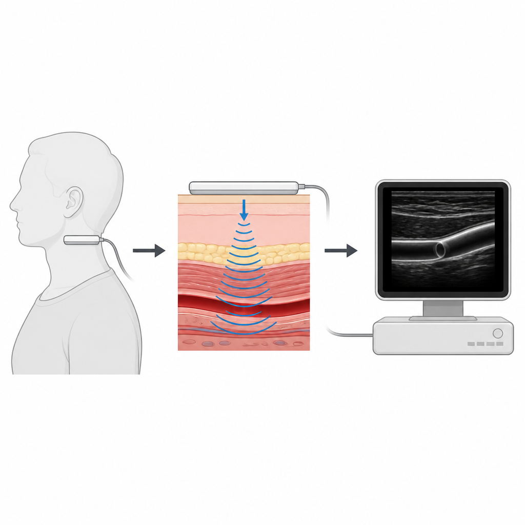 Figure 1. A slim ultrasound patch on the skin sends sound into the body and creates clear images on a nearby screen.