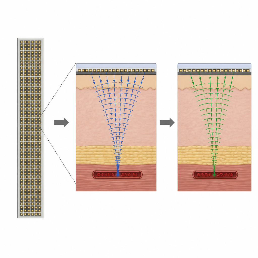 Figure 2. Many tiny vibrating elements in a narrow strip combine their waves to focus on a shallow blood vessel and read its echoes.