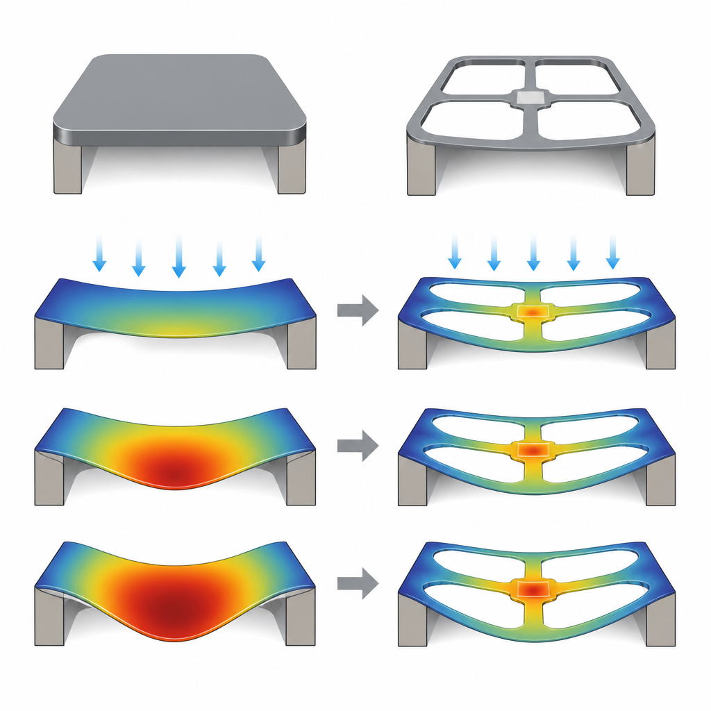 Figure 2. Desenlendirilmiş ultra ince bir silikon membranın yükselen basıncı, tekdüze kalın bir membrana göre nasıl daha iyi karşıladığının adım adım görünümü