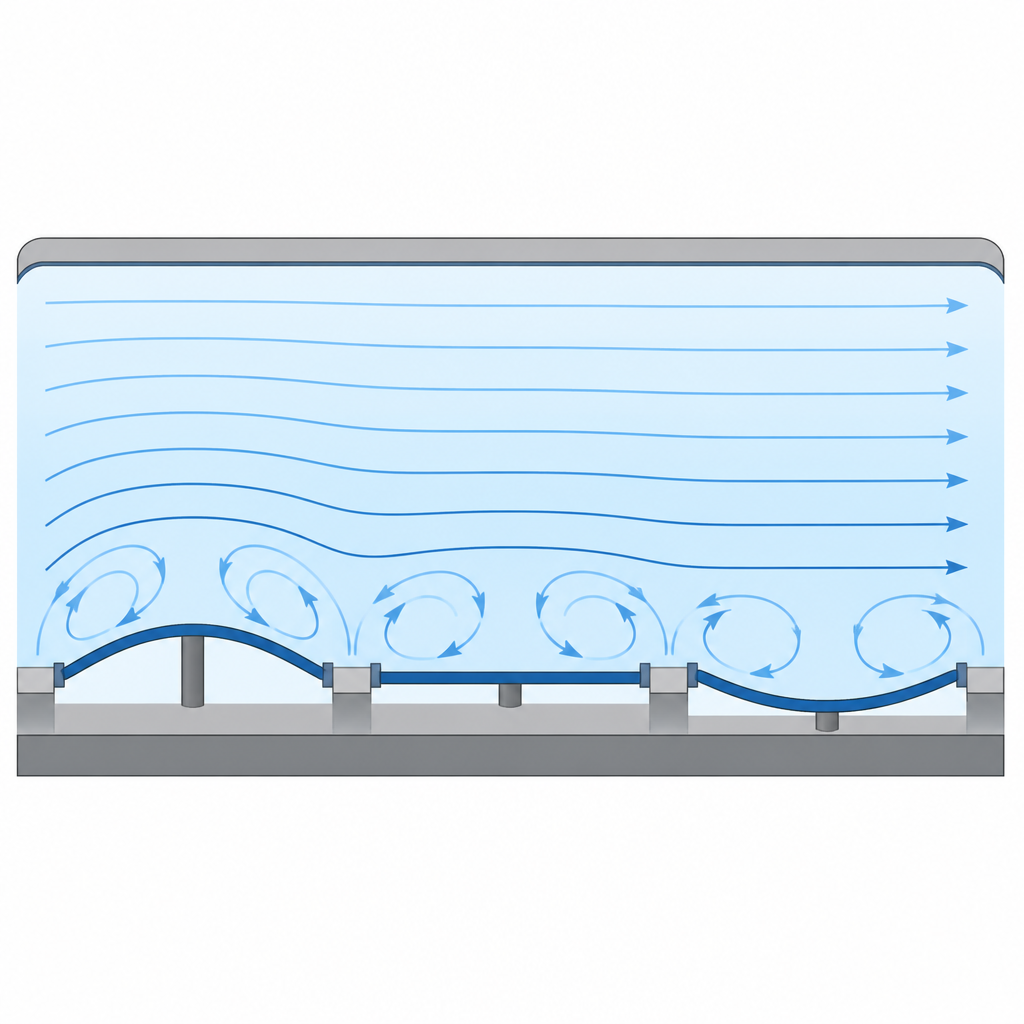 Figure 2. Phased vibrations of neighboring membranes create traveling waves that turn tiny vortices into a net forward liquid flow.