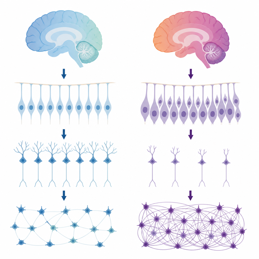 Figure 1. Hoe het verlies van één synapsgen de hersenontwikkeling en bekabeling herschikt, van vroege cellen tot grootschalige netwerken.