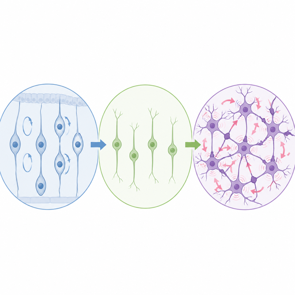 Figure 2. Hoe overactieve progenitorcellen en vereenvoudigde neuronen vergrote synapsen en hypergeconnecteerde hersenactiviteit veroorzaken.
