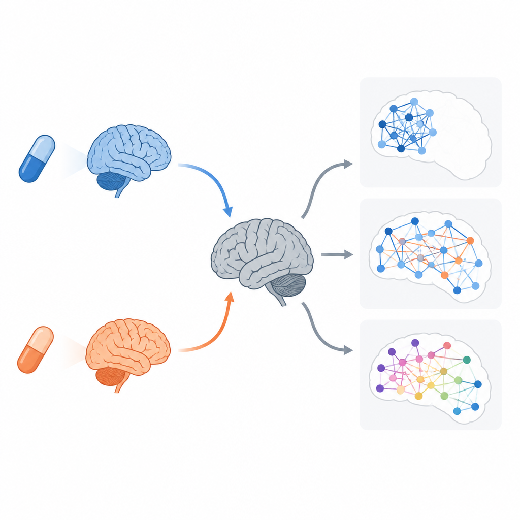 Figure 1. Wie zwei psychedelische Substanzen unterschiedlich die gehirnweiten Kommunikationsmuster im Ruhezustand umformen.