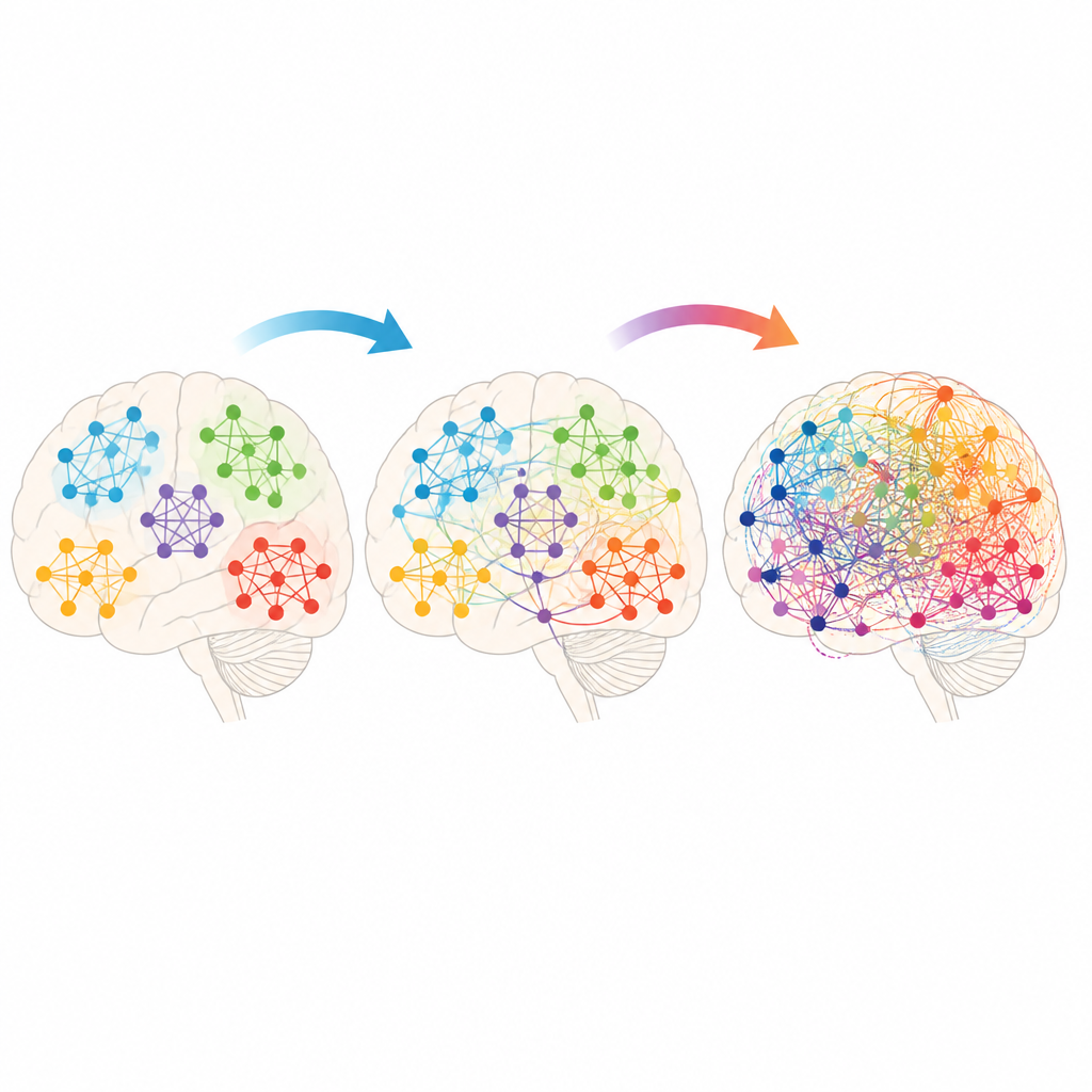 Figure 2. Schrittweiser Blick auf Netzwerke, die sich von getrennten Clustern zu hoch integrierter, komplexer Aktivität unter Psychedelika wandeln.