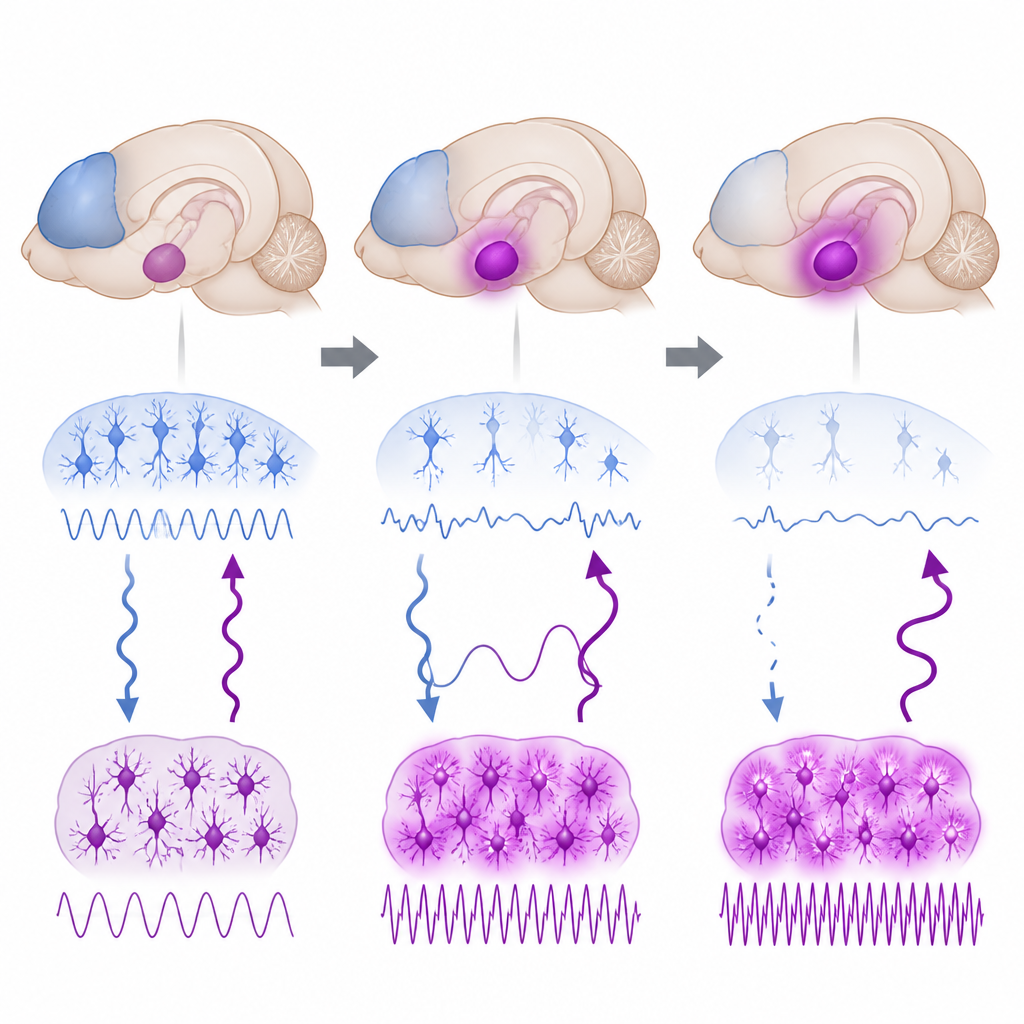 Figure 2. Wie früher Stress die Amygdala aktiver und die präfrontale Kontrolle schwächer macht und dadurch ihre rhythmischen Hirnsignale verändert.