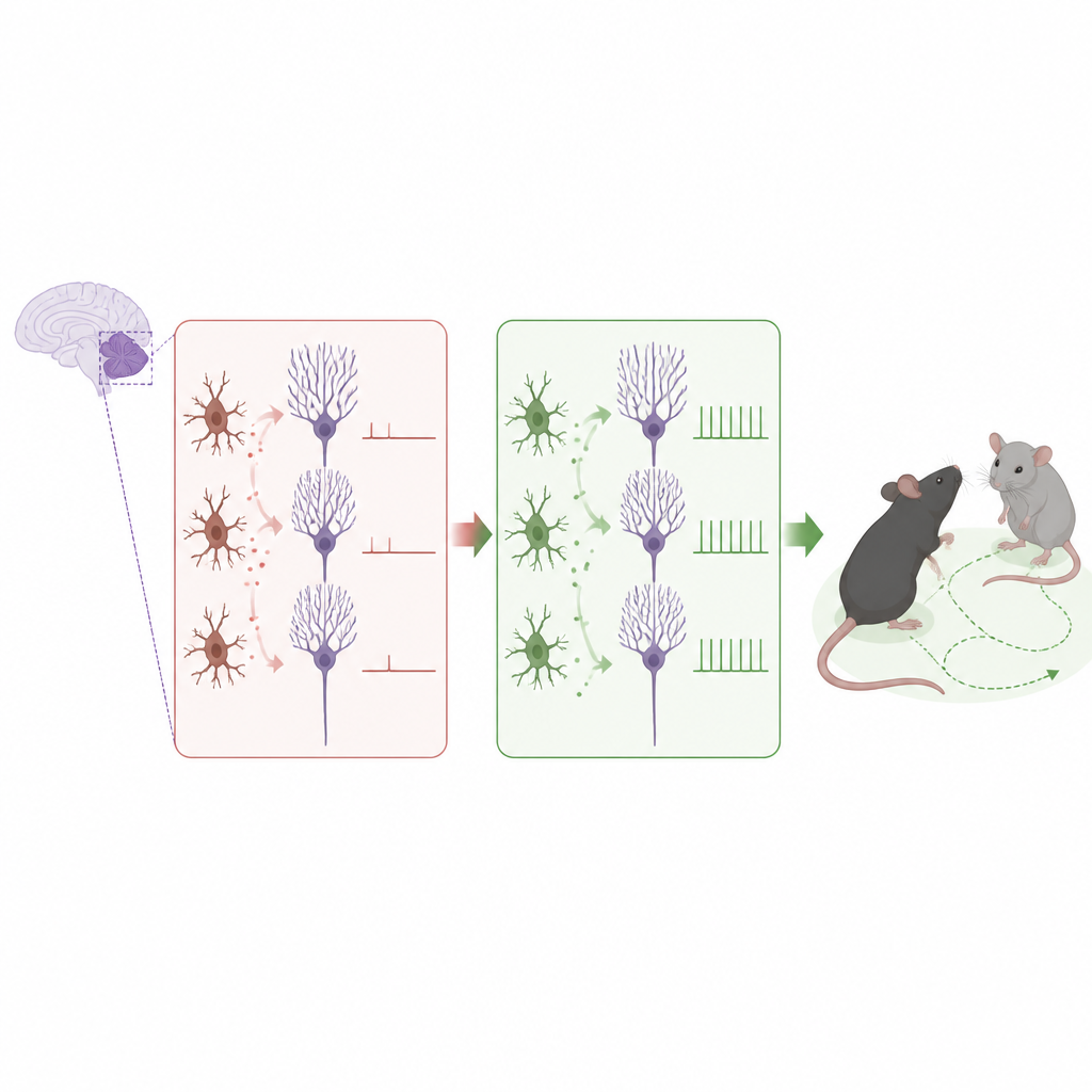 Figure 2. Signale von Immunzellen im Kleinhirn passen benachbarte Neuronen an und verringern autismusähnliche soziale und repetitive Auffälligkeiten bei Mäusen.